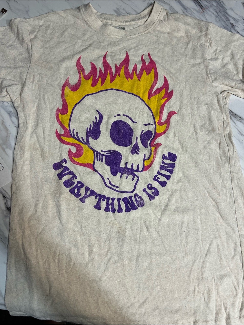 Graphic Skull Flame Tee - White with Purple & Yellow Print